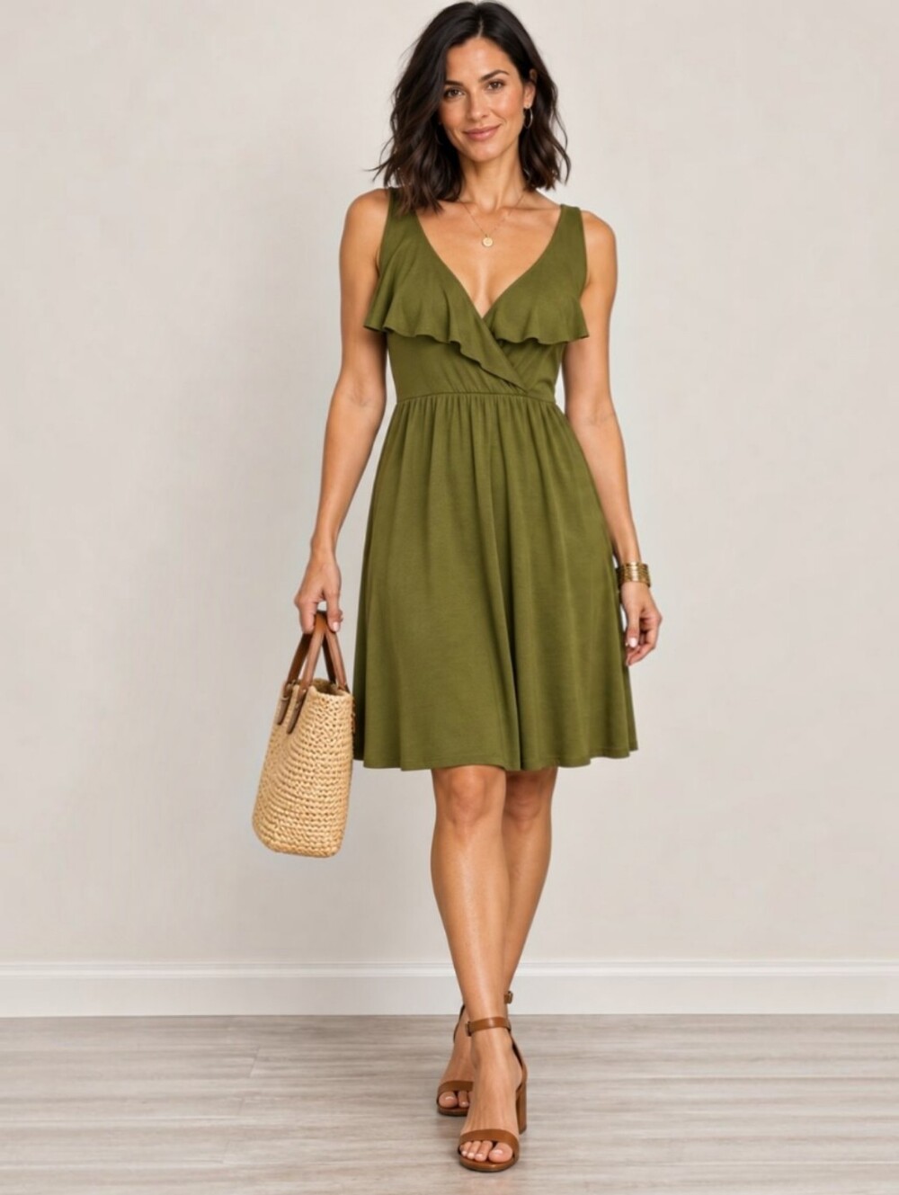J.Crew Olive Green Ruffle Surplice Dress XS Sleeveless Knee Length